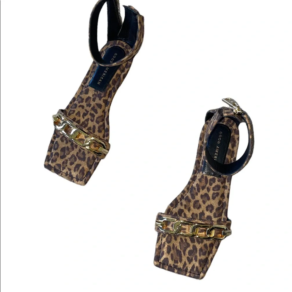 NEW GOOD AMERICAN Ankle Strap Sandal In  Leopard